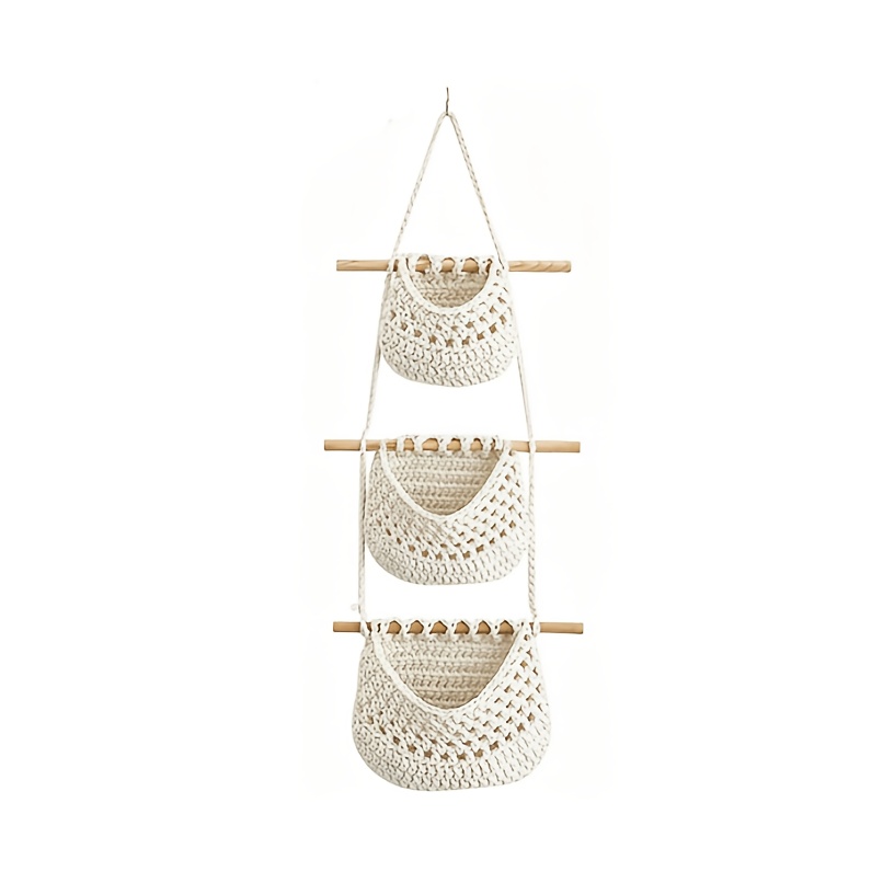 Image of Hanging Fruit Basket, 3 Tier Over The Door Organizer, Handmade Woven Rope Wall Hanging Baskets For Organizing, Boho Wall Basket Decor, Storage Baskets For Kitchen