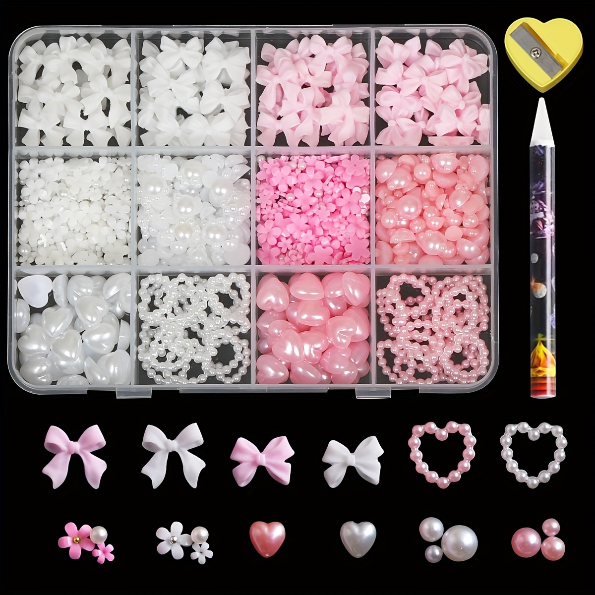 TEMU 500pcs 3d Nail Art Decoration Kit With Resin Bows, Flat Back Pearls, And Assorted Shapes – Unscented Diy Craft Embellishments For Manicures And Creative Projects