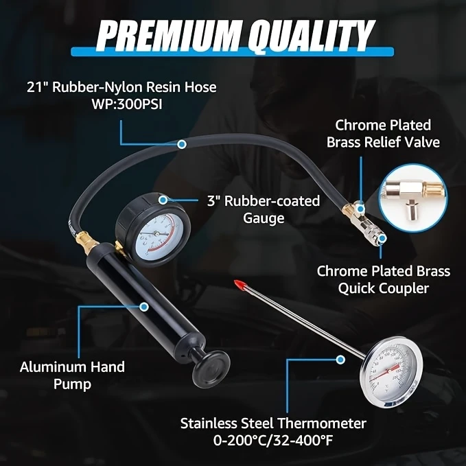 18pcs radiator pressure tester kit professional car coolant pressure test kit automotive water tank manual pump pressure test tool and adapters cooling system leak down detection for cars motorcycles trucks details 1