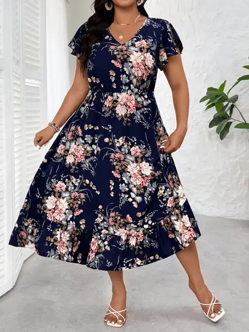 Plus Size, Plus Size Women's Floral and Botanical Print Ruffle Sleeve V-Neck Dress, Waist-Cinching Elegant Floral Print Midi Dress * Vintage Gentle Style Tummy-Control Flowy Flared Casual Dress, ... Plus Size, Plus Size Women's Floral and Botanical Print Ruffle Sleeve V-Neck Dress, Waist-Cinching Elegant Floral Print Midi Dress * Vintage Gentle Style Tummy-Control Flowy Flared Casual Dress, ...