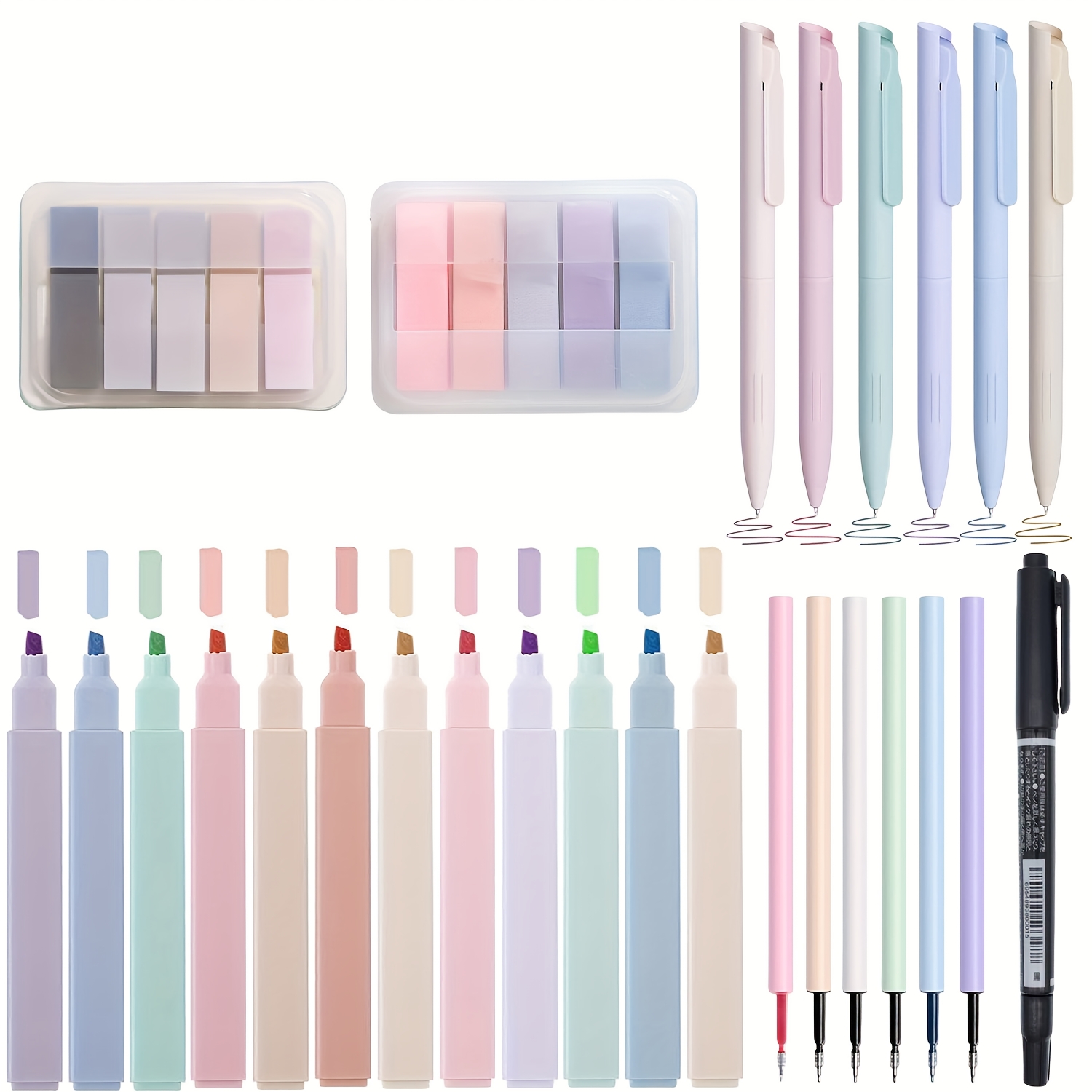 27pcs Set- 12 Highlighters, 2 Extractable Index Stickers, 6 Morandi Colour Neutral Pens, 6 Morandi Colour Refills, 1 Marker, Suitable For Students, School Stationery, Back To School Essentials.