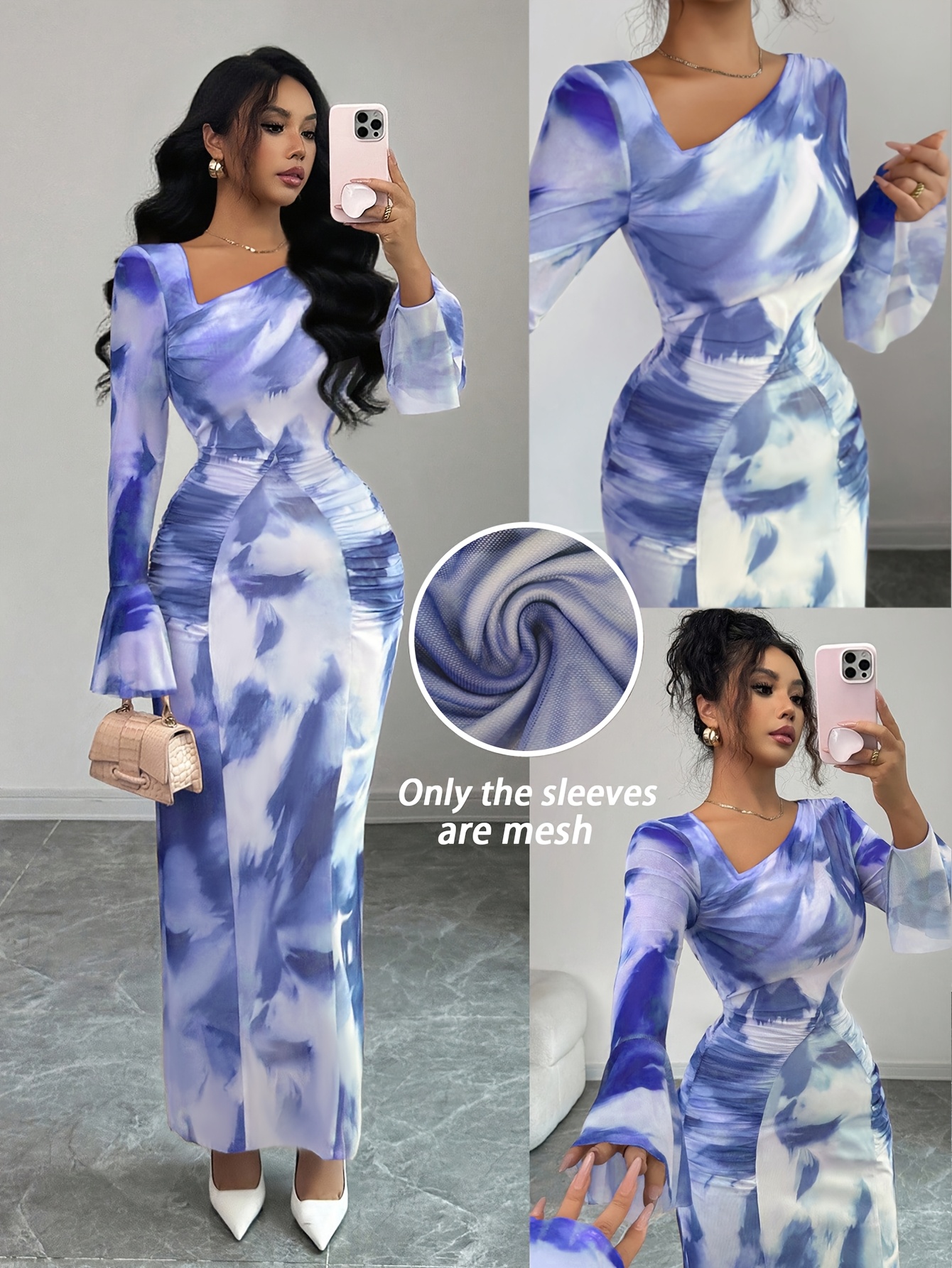 Elegant And Fashionable New Adult Women'S Autumn And Winter Floral Tie-Dye Print Notched Collar Long-Sleeved Flared Sleeve Slim Fit Waist Pleated Hip-Hugging Sexy Dating Commuting Vacation Dating Valentine'S Day Long Dress