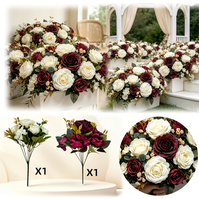 TEMU Lot de 2 bouquets décoratifs de roses artificielles de luxe léger style vintage, rouge vin + blanc laiteux pur. Les pétales artificiels délicats