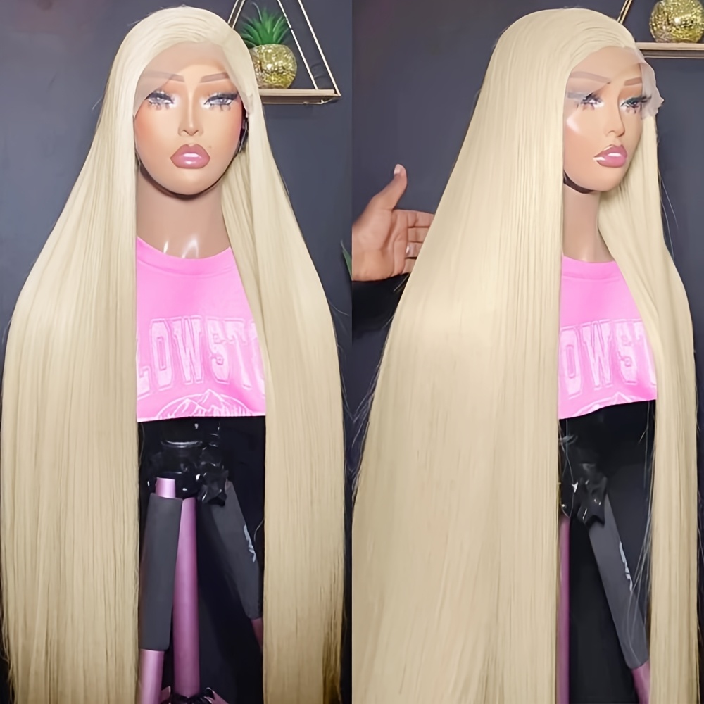 TEMU Perruque Synthétique à Dentelle Frontale 613 Blond Clair, Cheveux Longs et Raides, Colle, 13x4x1, au , Ligne de Cheveux Pré-épluchée, Fibre