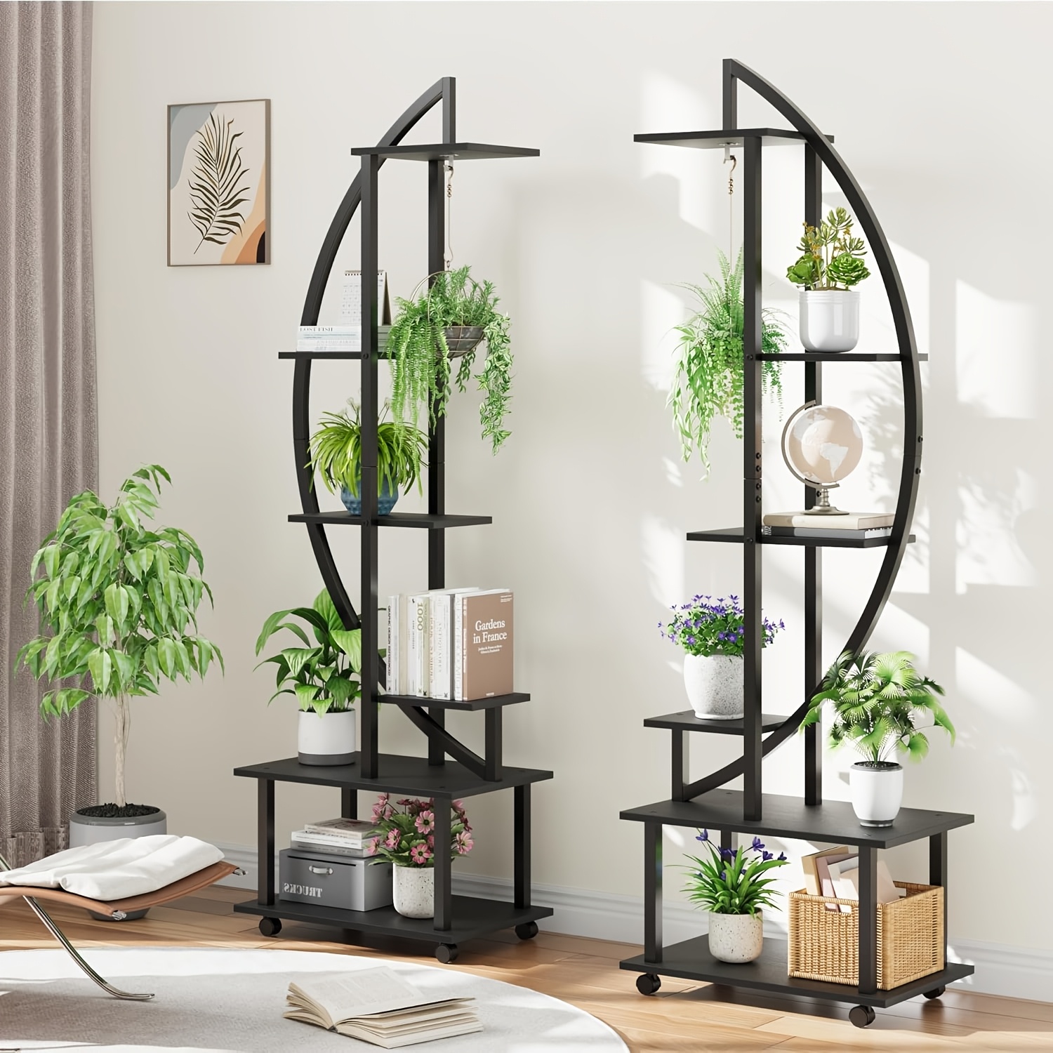 Image of 6-tier Metal Plant Stand, Pack Of 2 Crescent Plant Shelves With Removable Wheels, Hooks, Large Tall Plant Stand For Home, Garden, Balcony, Black, 175 X 56 X 30cm