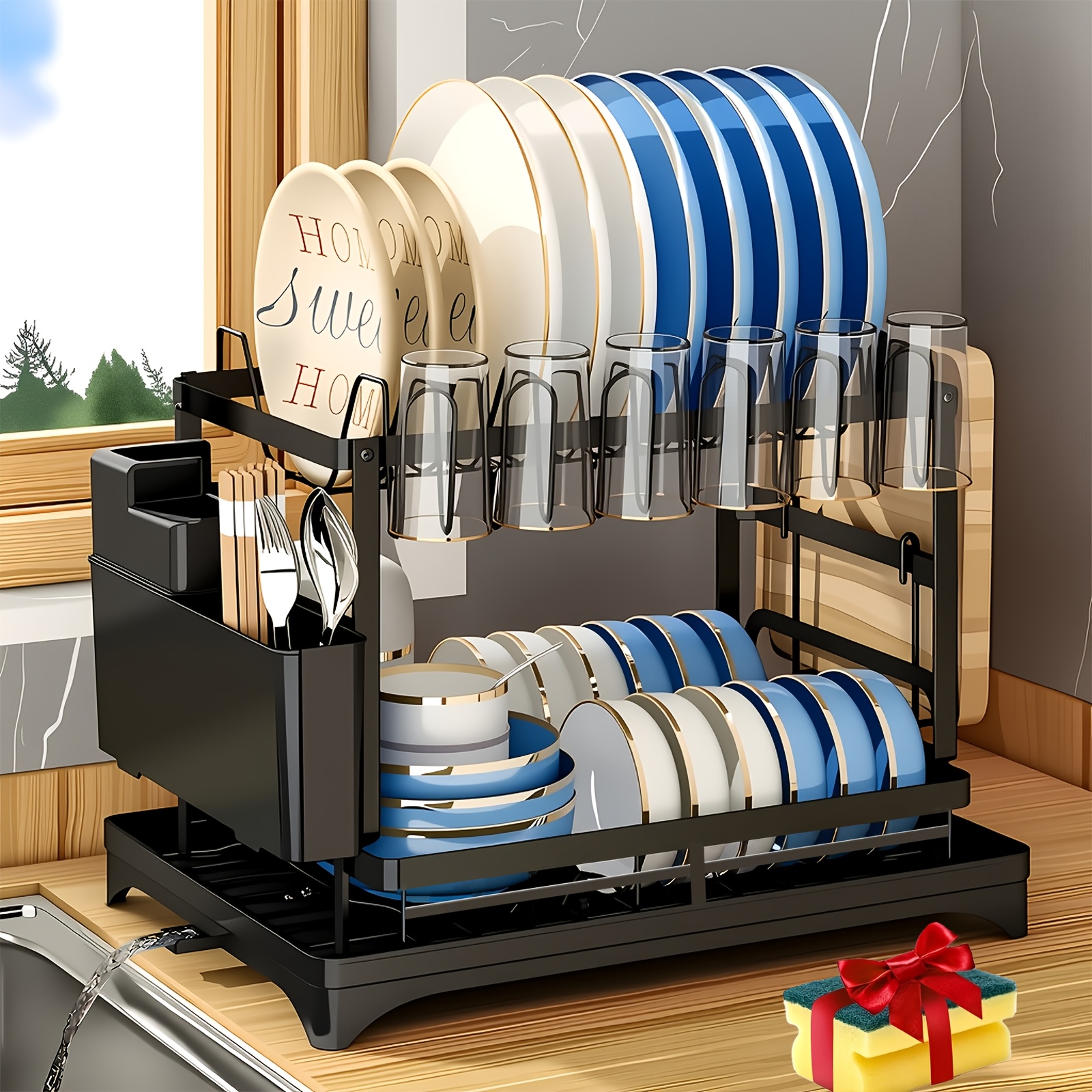 TEMU Two-level Dish Drying Rack For Kitchen , Dish Drainer With A , Metal Kitchen Dish Holder With Drainage, Two-tier Kitchen Drying Rack, Holders