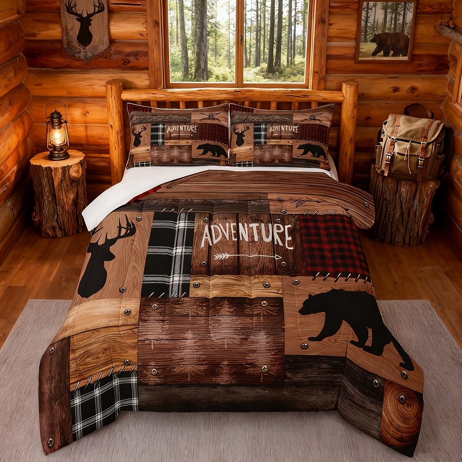 Moose & Bear Rustic Quilt Set - Queen/Full Size Cabin Lodge Bedspread With Reversible Design, Red