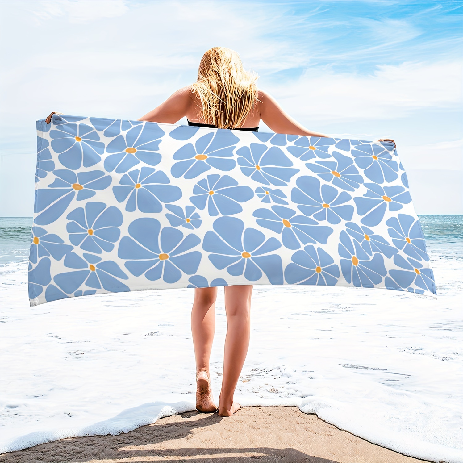 

1pc Summer Simple Microfiber Oversized Beach Towel, Floral Blue Beach Towel, Durable Quick Drying Sunscreen Washable Absorbent Bath Towel