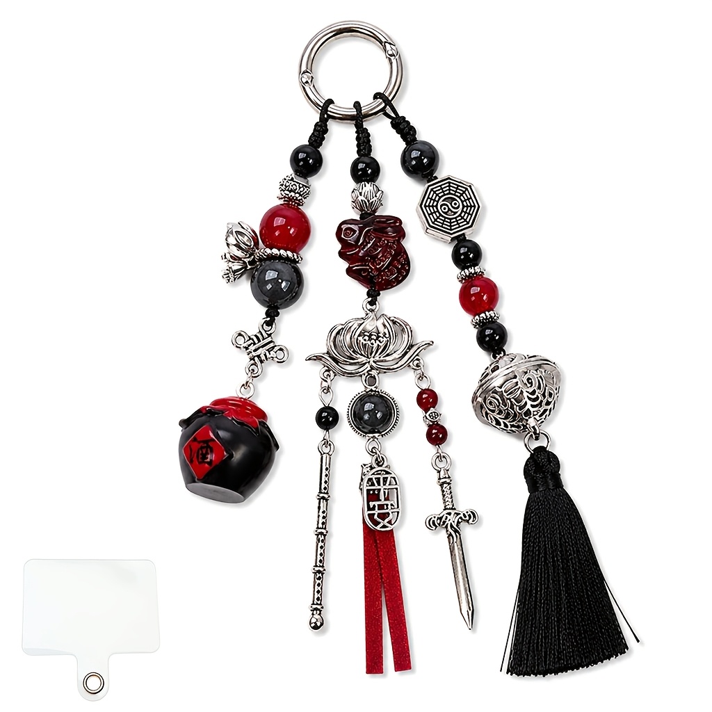 TEMU New Chinese Retro Bead Key Chain Pendant, Red Multi-style Tassel Pendant, Car Key, Backpack, Decorative Accessory, Unisex Exquisite Gift, For