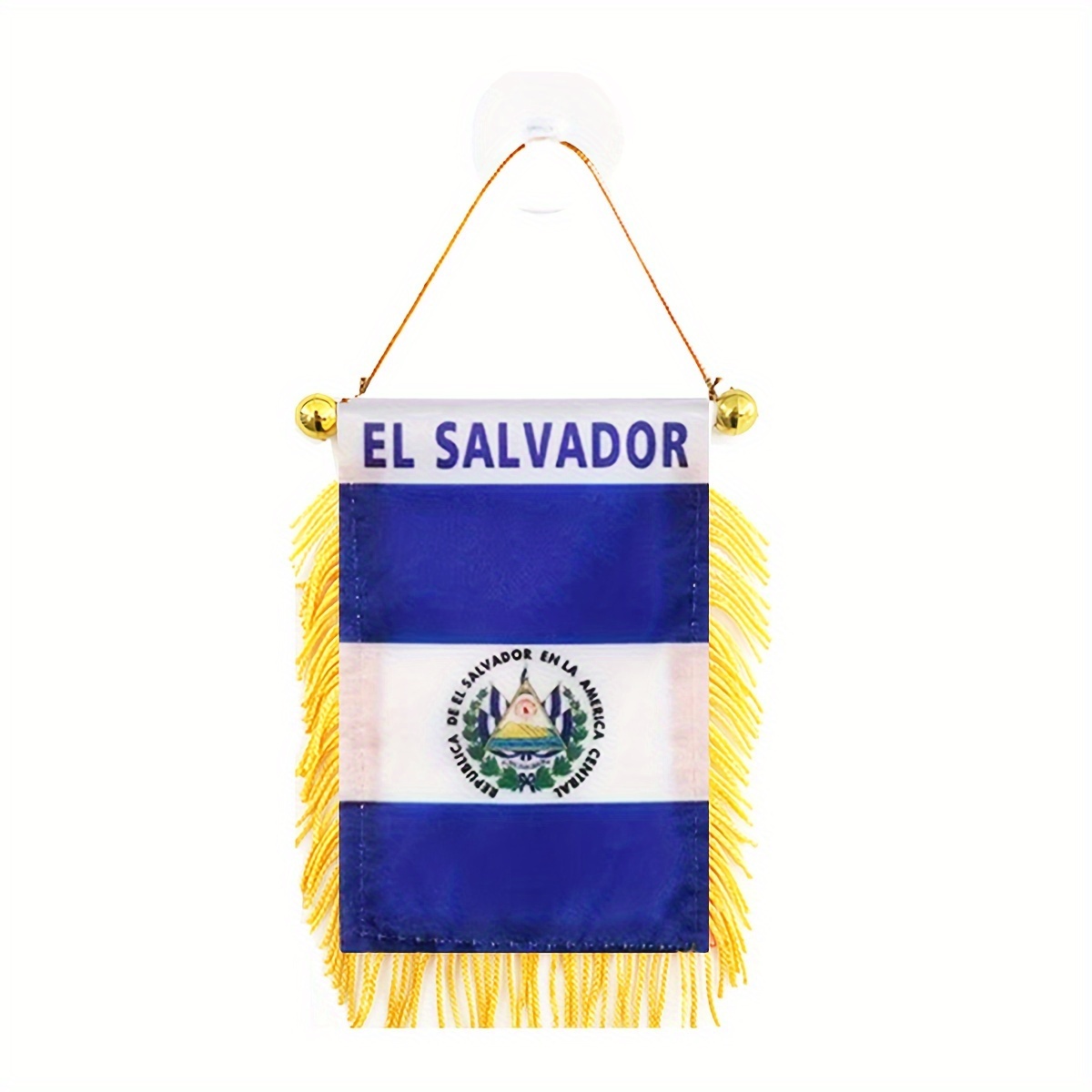 

El Salvador Mini Flag - Double-sided, Fringed Banner For Car Mirror & Window Decor, 3x4 Inch With Suction Cup