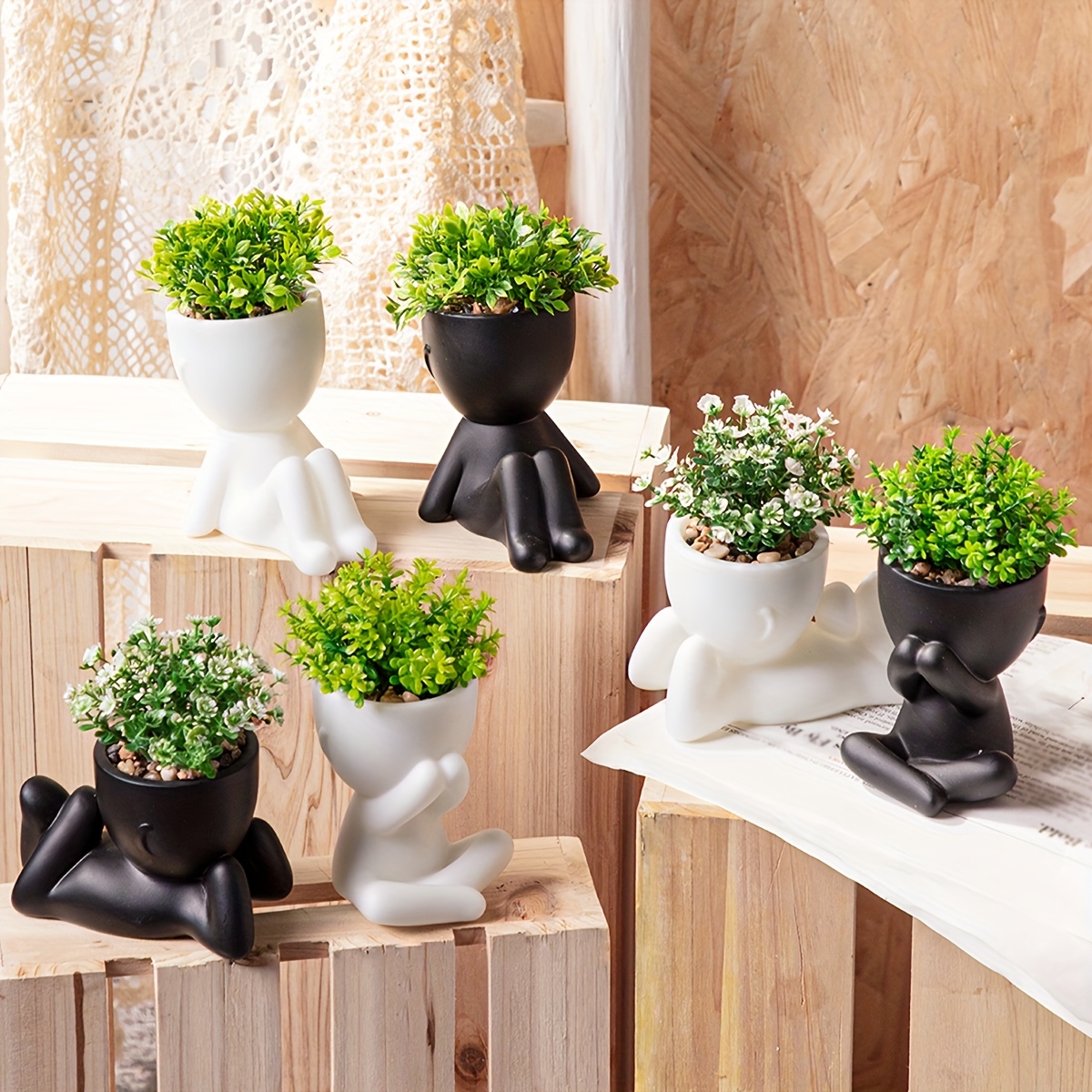 

3pcs Set Of Artificial Eucalyptus & 's Breath Potted Plants - Greenery With White & Black Plastic Pots For Home, Office, And Outdoor Decor