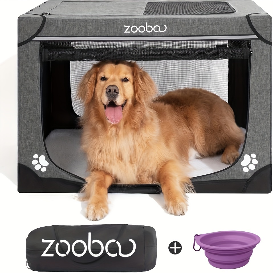 

Zooba 36" Portable Soft Dog Crate For Large Dogs - Collapsible Travel Kennel With Carry Bag, Foldable Cage With Durable Textilene Mesh Door, Plush Bed - Ideal For Home Or Travel - Charcoal Gray