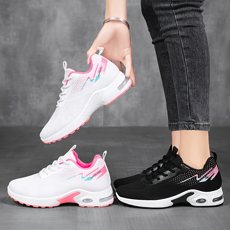 Tenis cómodos para mujer - Malla transpirable, tenis de cordones tejidos con detalles en rosa y azul, ideales para el día a día, actividades al aire libre y viajes, calzado casual | Cordones elegantes | Calzado cómodo