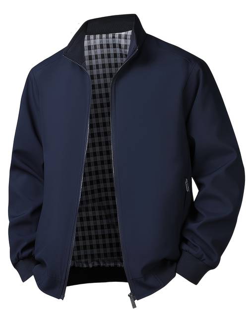 mens spring autumn stand up collar light business casual jacket design ribbed windproof cuffs and hem full zip closure plaid lining age windproof coat suitable for daily family and office wear