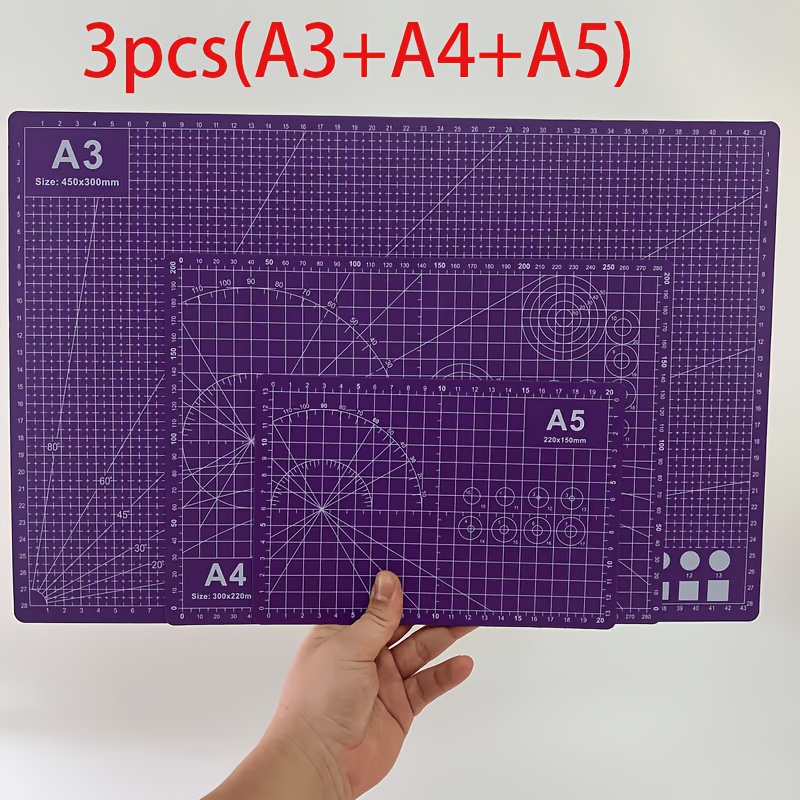 TEMU Set de 3 tapis de découpe auto-cicatrisants (A3 + A4 + A5), avec violette et ligne de découpe - Tapis de bricolage en plastique robuste, avec