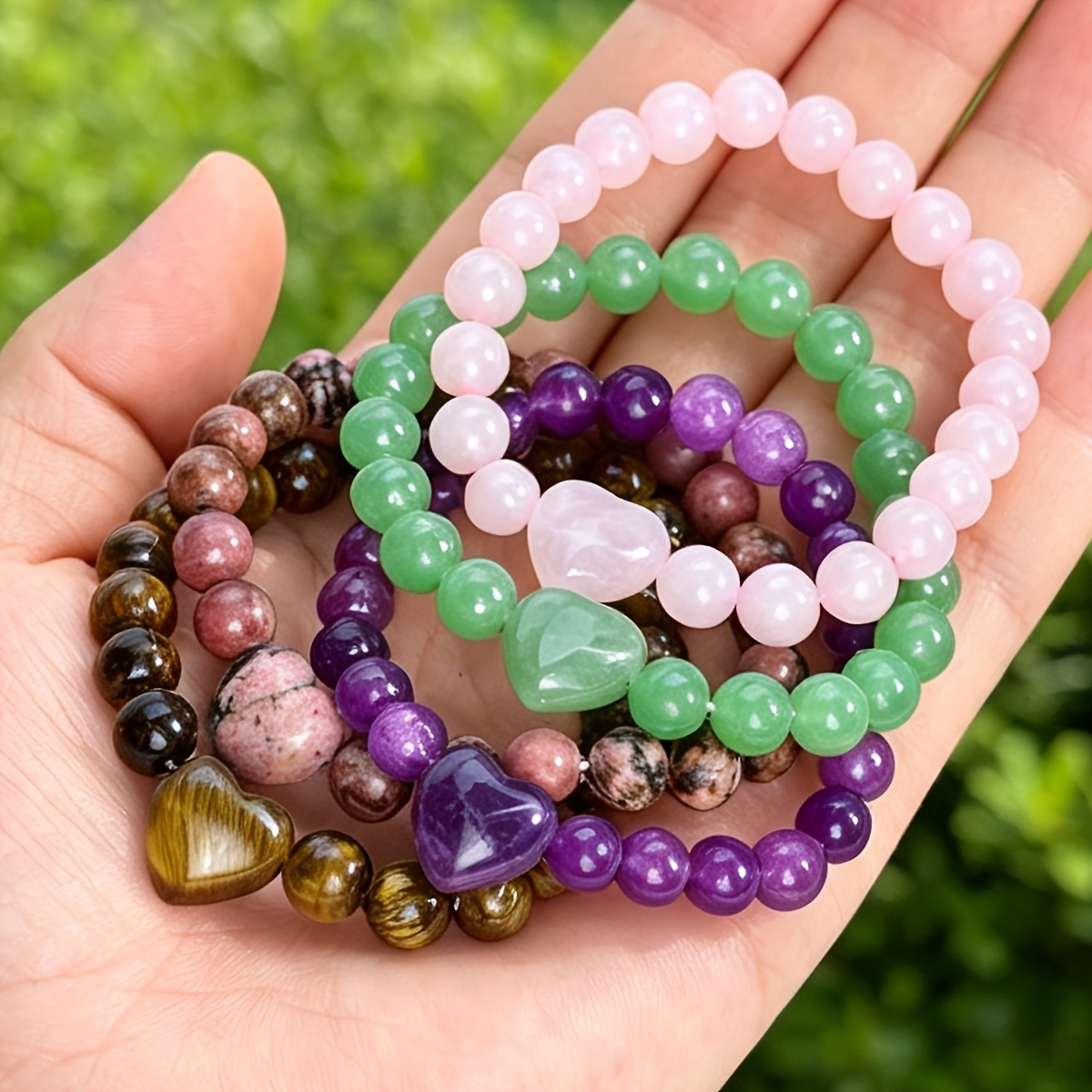 Women's Natural Stone Bead Bracelet Set, Rose Quartz & Amethyst