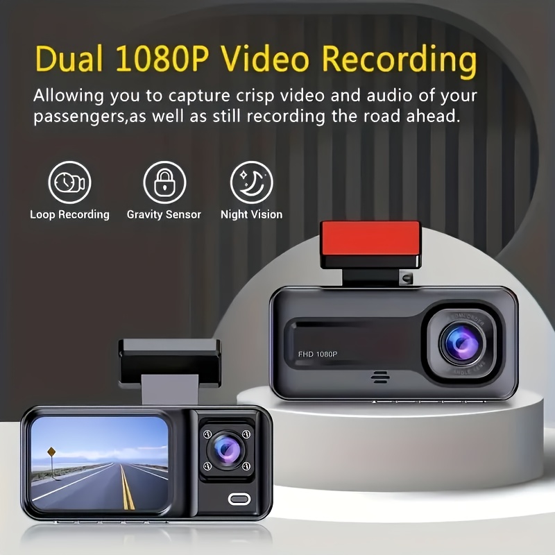 3-канална камера за табло с 32GB карта памет - Универсален монтаж, 1080P предна и задна, Нощно виждане, Цикличен запис, Детекция на движение, Паркинг режим, Камера за задно виждане, Автомобилни добавки | Съвременна камера за превозни средства | Висококачествени записи