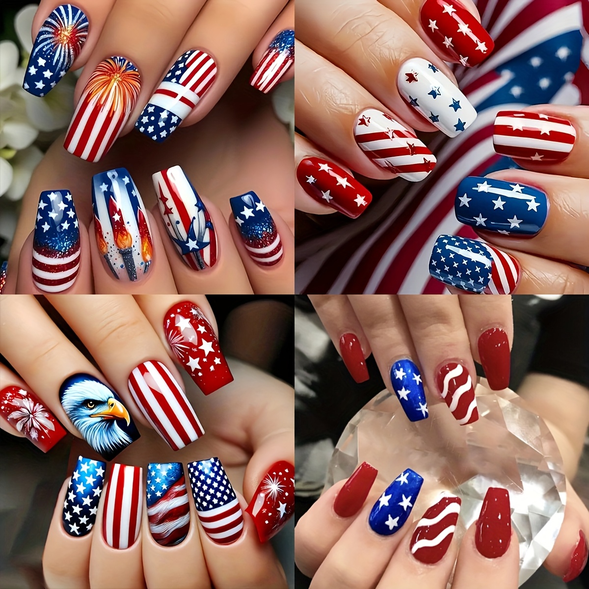 TEMU 96pcs (4pcs)press On Nail Art Stickers - Patriotic Red, White, And Blue Designs With Stars, Stripes, And Fireworks - Medium Length Square Nails - Bright Surface Effect - And Festival Occasions