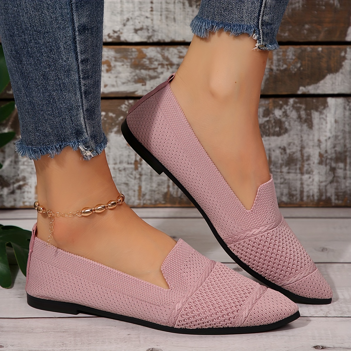 Elegant Ballet Flat Shoes For Women, Slip-On Breathable Soft Sole Daily Knitted Ballets, Point Toe Daily Wear