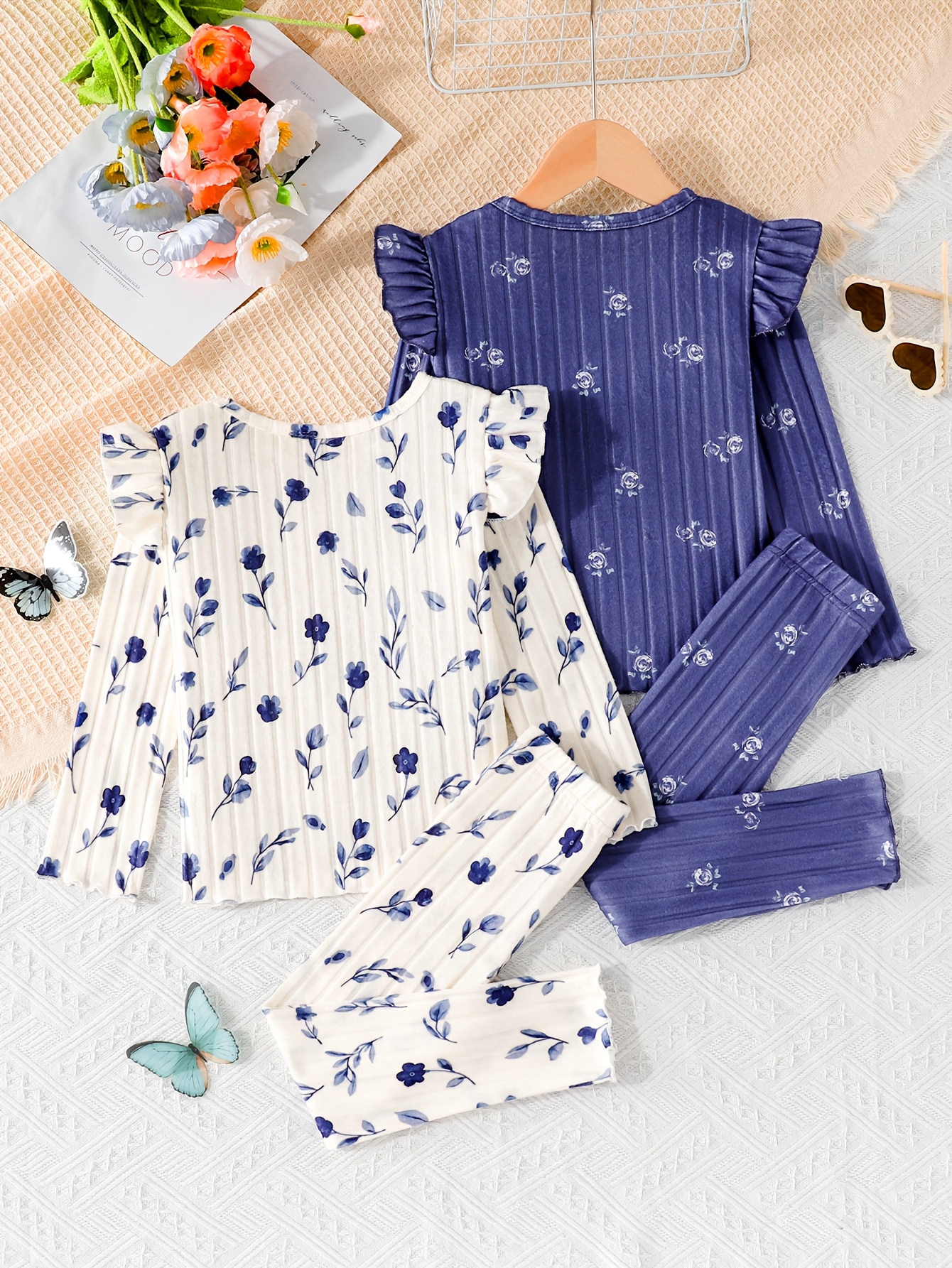 4pcs Young Girl Set: Floral Print Long Sleeve Top and Pants