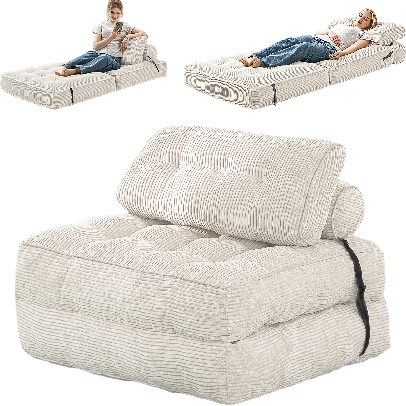 TEMU Vacuum Compression Sofa High Elastic Sponge Filled Corduroy Fabric Volume Compression Living Room Bedroom Dual-use Sage Green Accent Chair Small