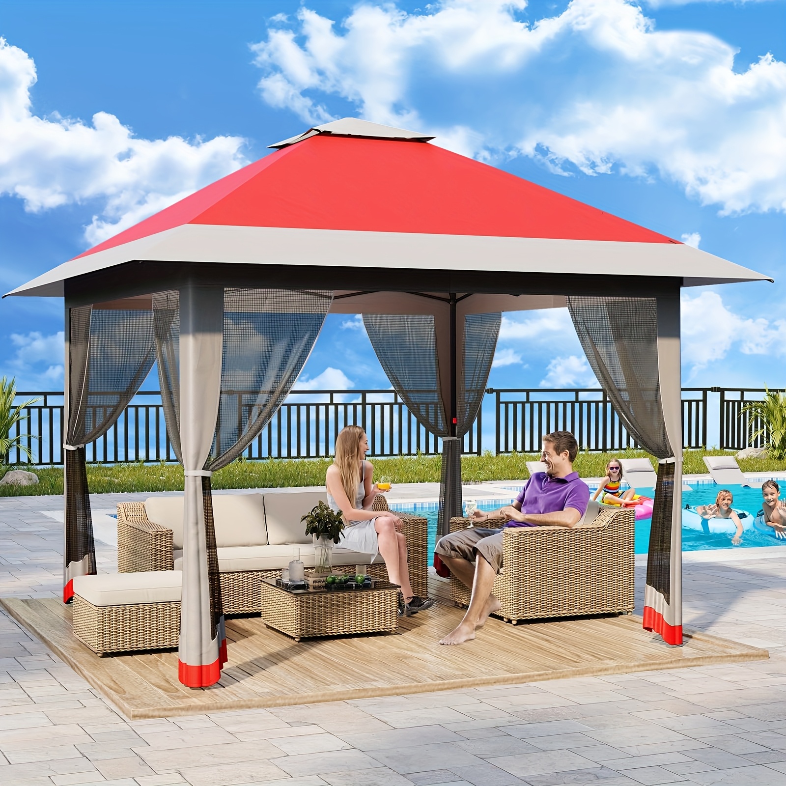 13x13ft Hard Top Pop-up Gazebo - Heavy Duty Steel Frame, UV Protected Roof And Premium Mosquito Net, Easy to Assemble Outdoor Canopy for Patio, Garden Party, Wedding And Catering (Red + Light Gray)