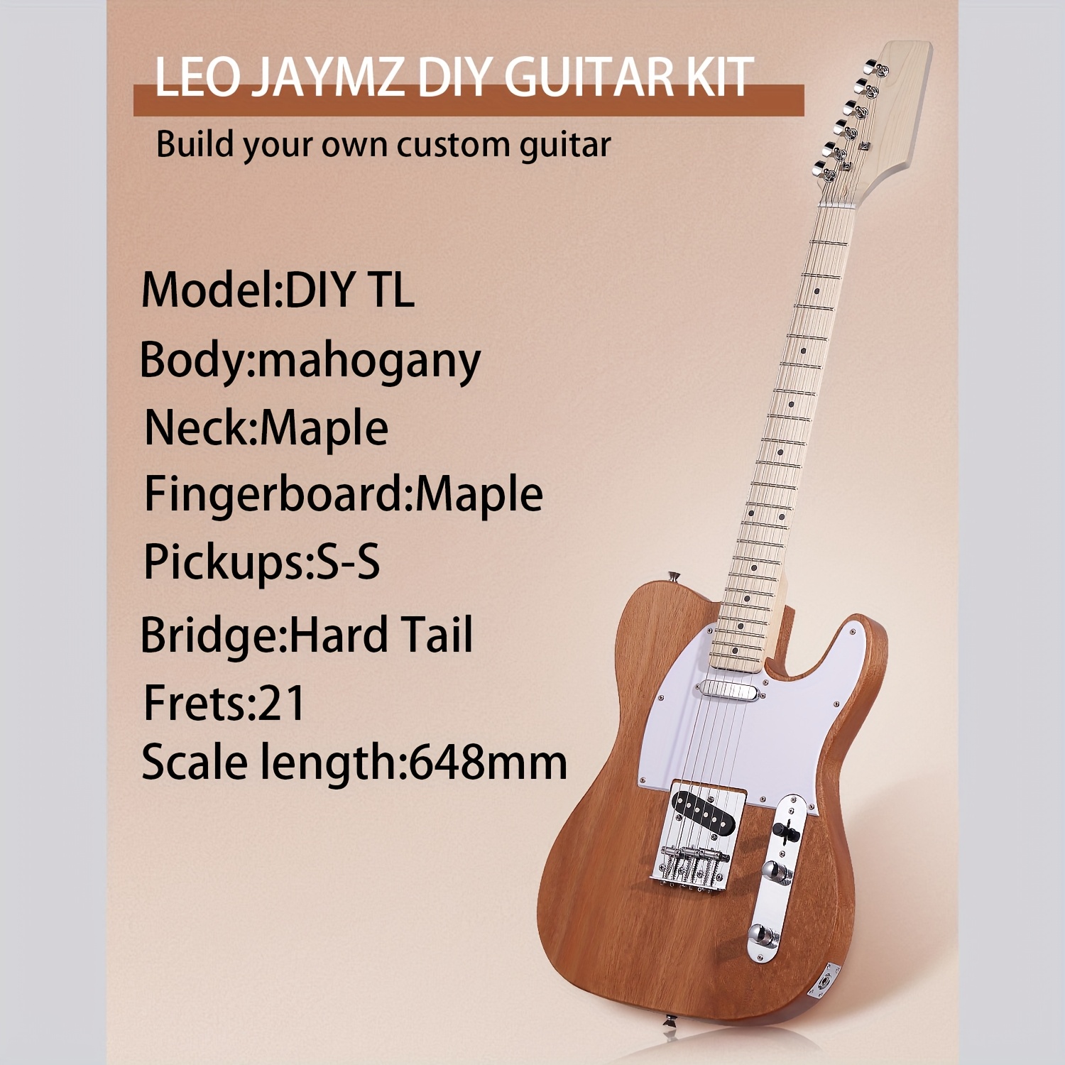 Leo Jaymz DIY Electric Guitar Kit - Mahogany Body, Ebony Fretboard, 1pc S-H Pickup Configuration - Fixed Bridge, Fully Enclosed Tuning Pegs, 21 Frets, Maple Neck, Room Electrical Wiring