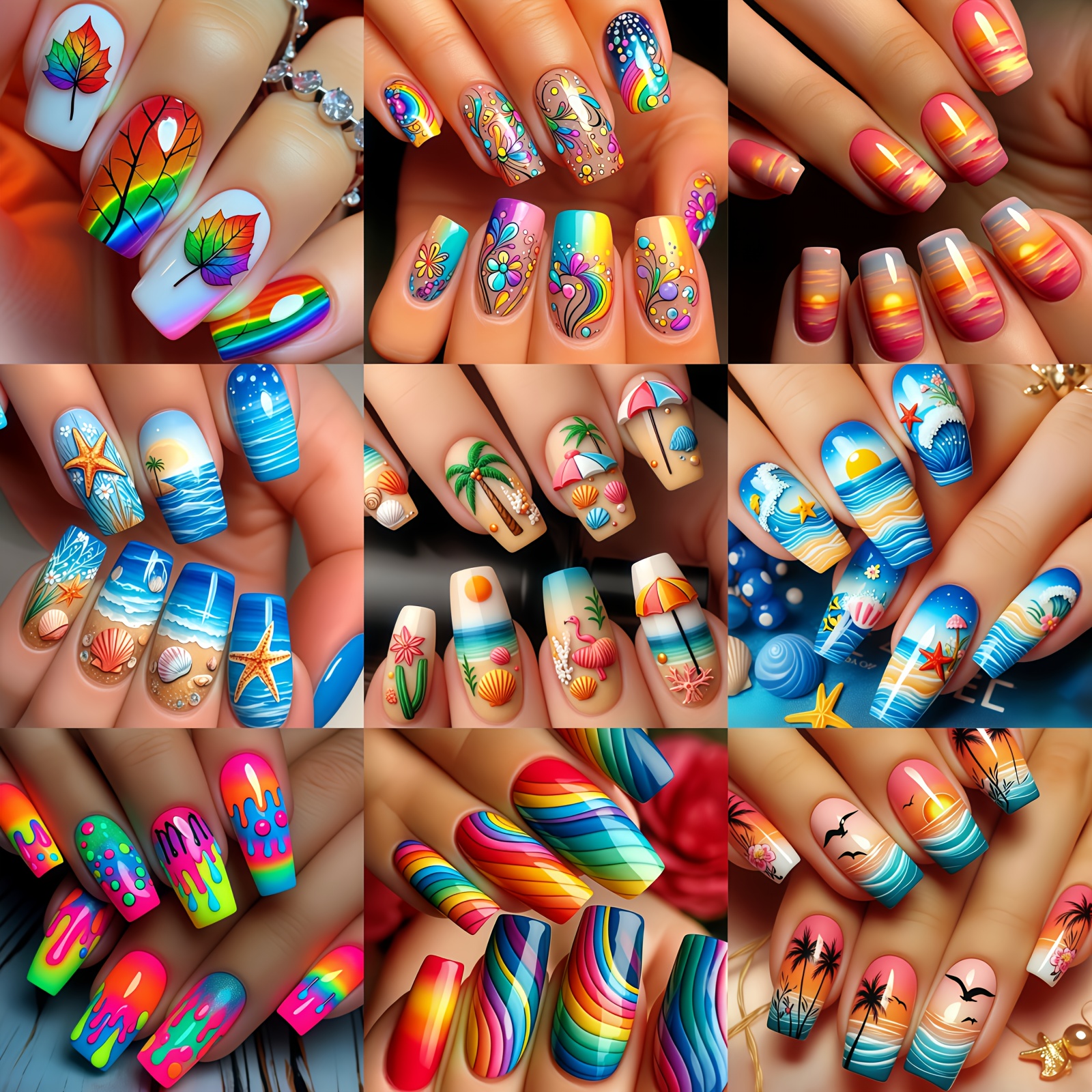 

216pcs Press-on Nail Set - Vibrant Tropical, Beach, And Floral Designs With - Medium Length Square Fake Nails In Rainbow Stripes And Patterns - Summer-themed Nail Art Kit, Nail Accessories