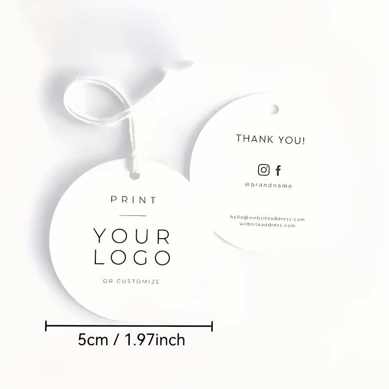 custom round card tags 100pcs minimalist style hang tags with     logo no accessories no lanyard double sided printing on thick paper for apparel accessory brands product tags for online stores and physical stores conveying brand