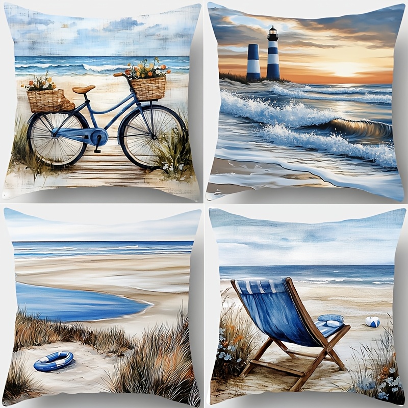 

4-pack Coastal Beach Scene Pillow Covers, 17.7"x17.7" Polyester Decorative Zippered Cushion Cases, Machine Washable, Woven Throw Pillowcases For Sofa And Living Room Decor