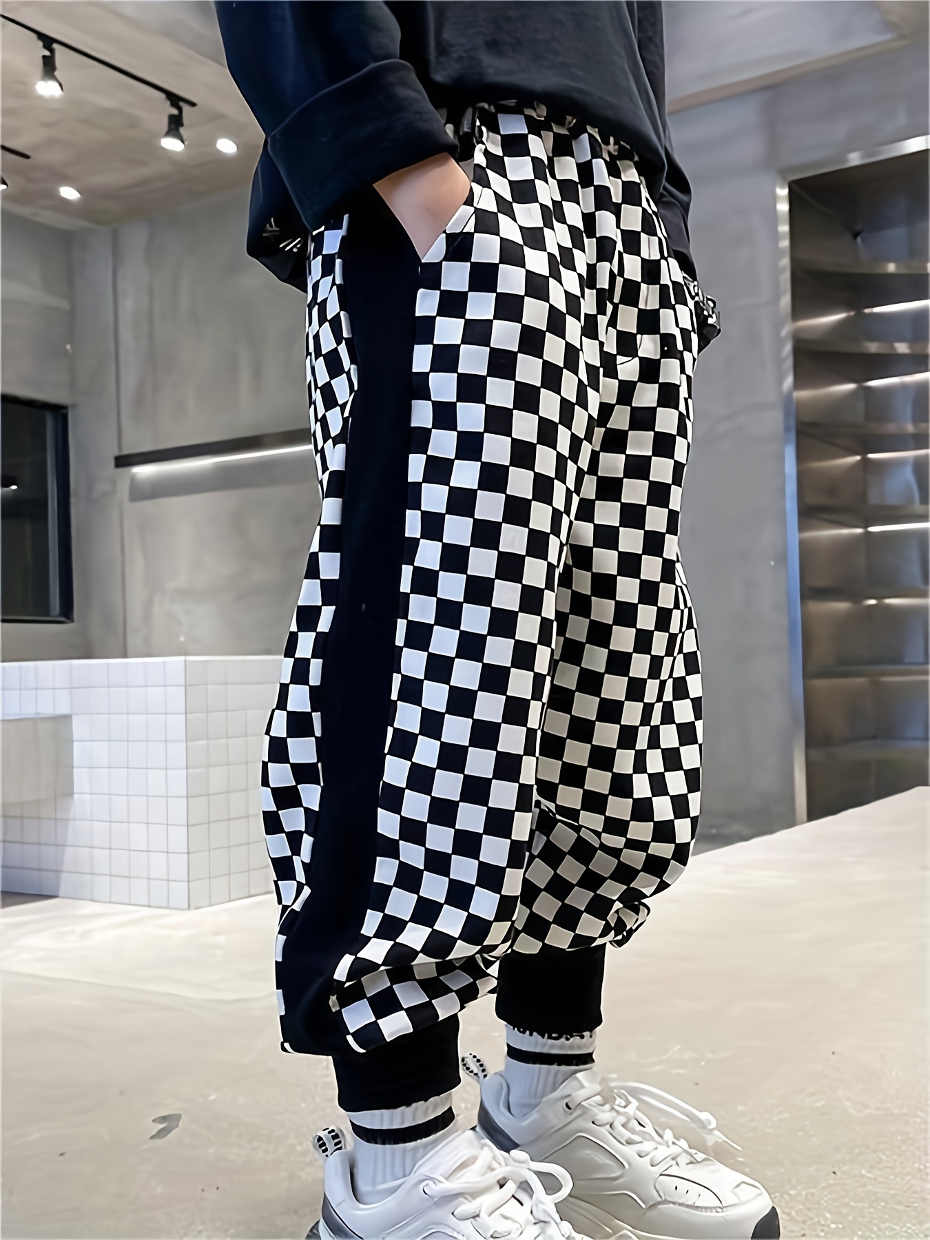 boys checkerboard plaid pants kids streetwear pants