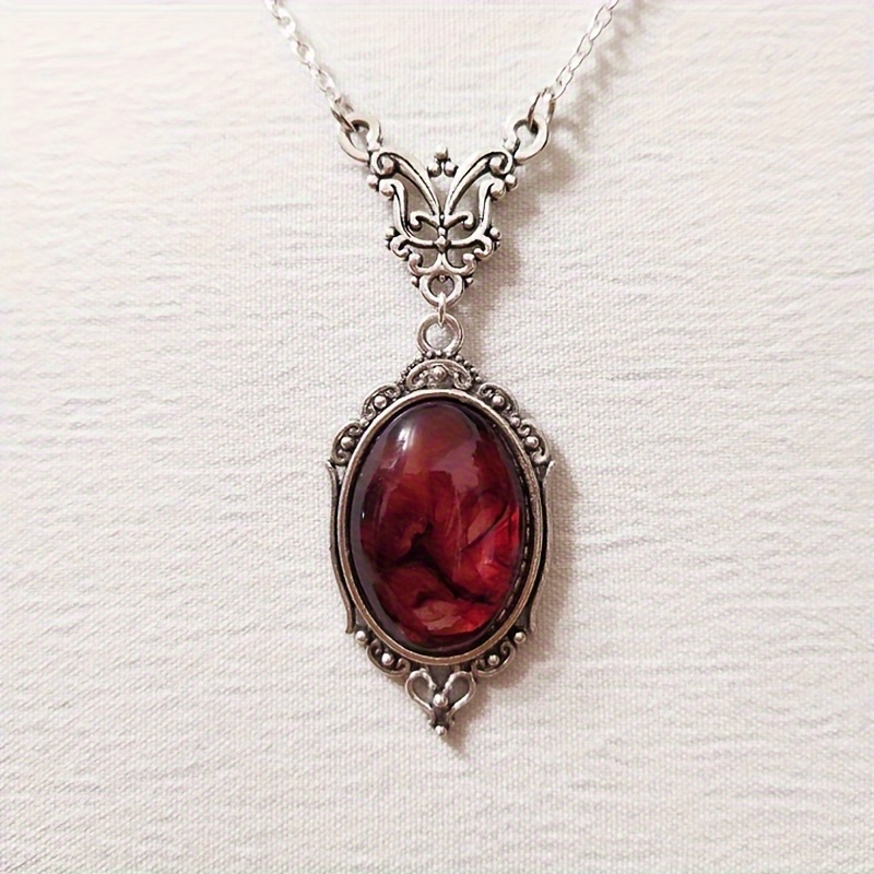 

Red Pendant Necklace, Oval Red Gemstone, Women's Halloween Jewelry, Vintage Style Necklace, Fashion Accessory For , Faux Crystal, Wear