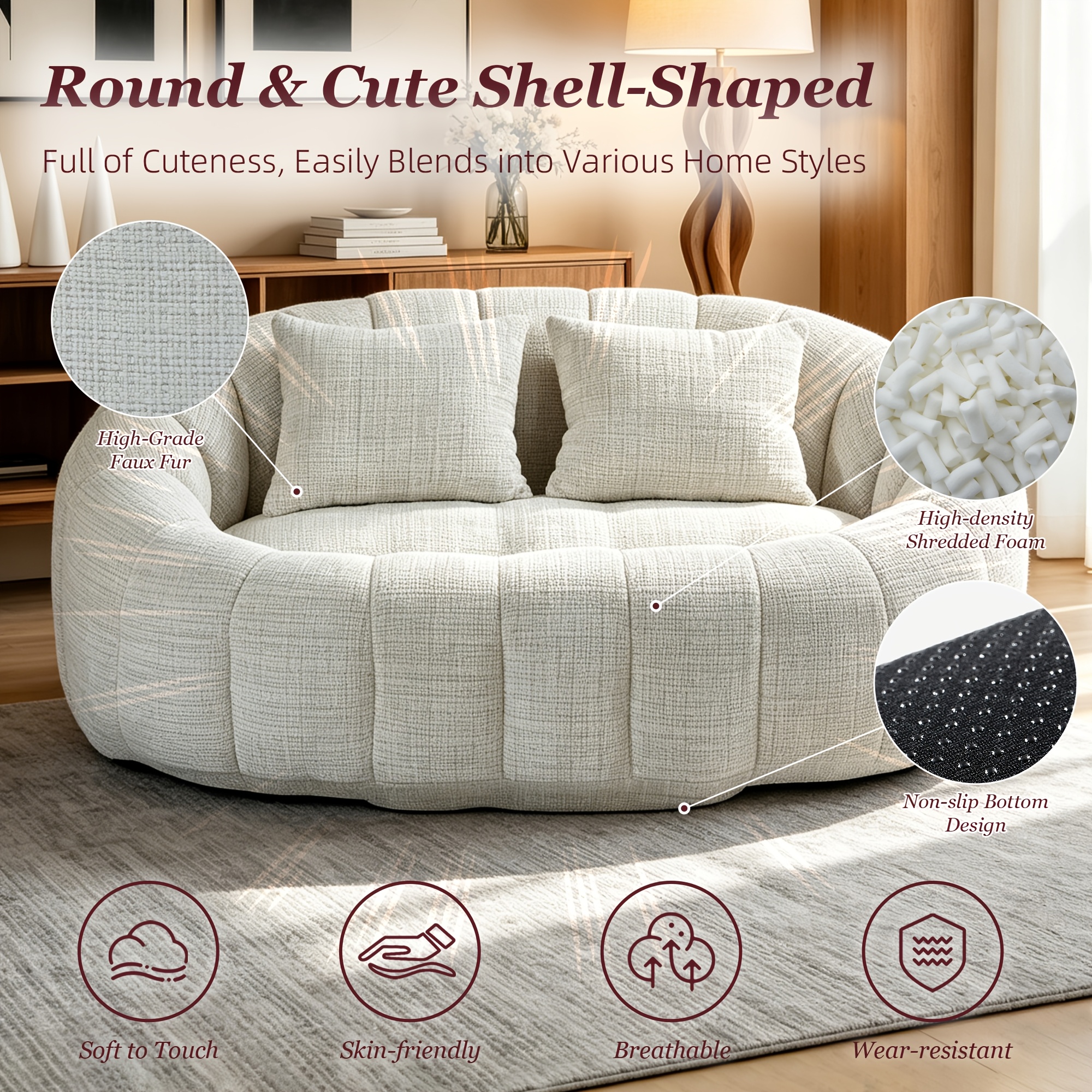 Oval Padded 2-Seat Beanbag Chairs, Upholstered Bean Bag Couch with 2 Pillows And Wrap-Around Backrest, Gaming Loveseat Sofa, Chenille Fabric Lazy Floor Beanbag Chair