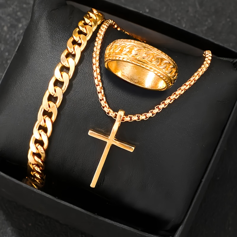 1pc cross pendant necklace 1pc bracelet 1pc ring trendy mens faith jewelry set classic simple hip hop style alloy copper materials box display hip hop jewelry cross pendant necklace durable jewelry accessories details 3