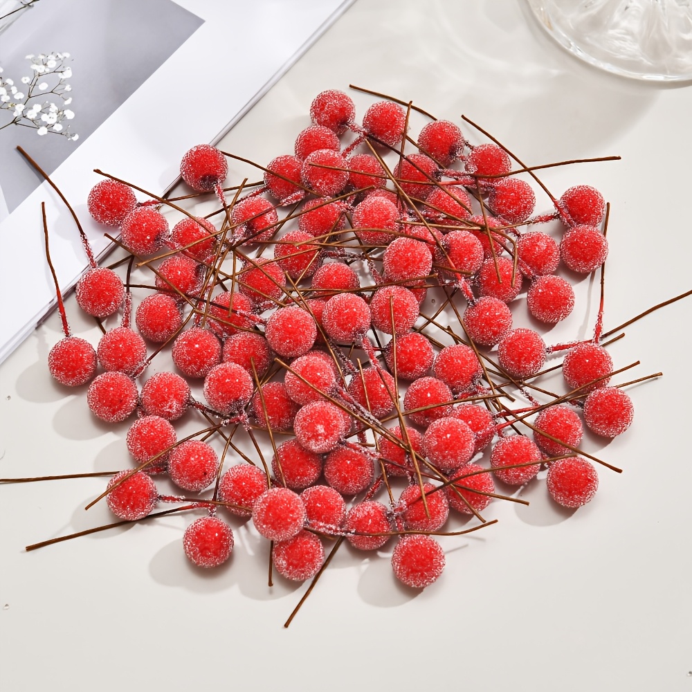 Image of 26pcs Realistic Red Frosted Berries - Plastic Decor For Diy Crafts, Garlands, Headwear, Gift Boxes, Christmas & Halloween Home Decorations, Gift Box Decorations | Frosted | Plastic Berry Clusters