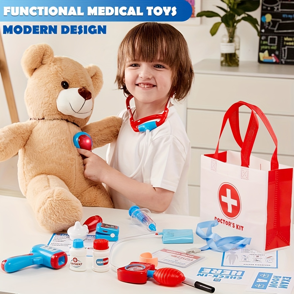 TEMU Kids Doctor Kit, 16pcs Pretend Play Medical Kit With Bag, Doctor Role Play Set With Realistic Toy Stethoscope, Reusable Record Cards, Dress Up