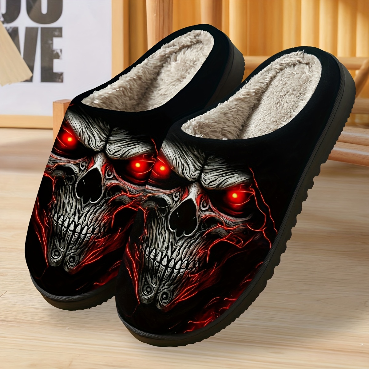 Men'S Plush Slippers with Skull & Red Eyes Design - Cozy Winter Indoor Shoes, Soft Fabric Upper & TPR Sole, Casual Slip-On Style for Home Comfort, Winter Slippers | Skull Pattern Slippers | Plush Interior Lining, Slippers for Indoor Use