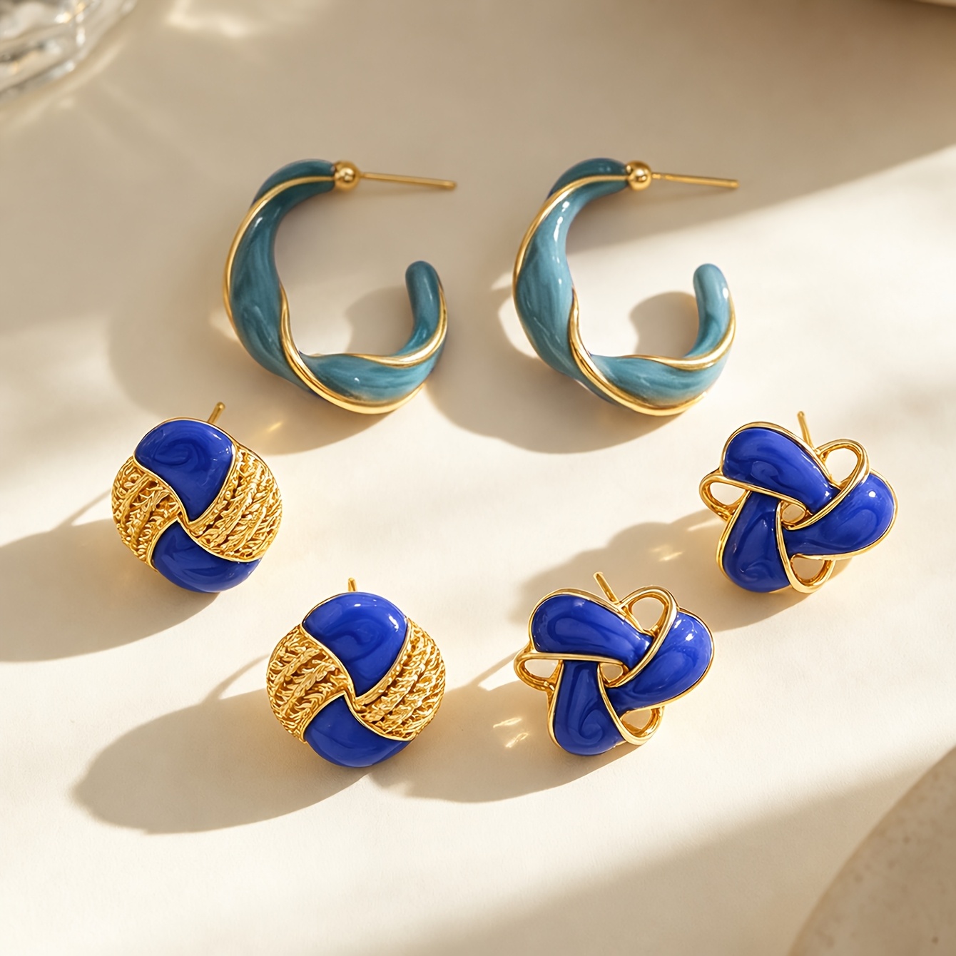 TEMU 3 Pairs Easy Cute Blue Golden Color-blocking Earrings, Women's Fashion Studs, Classic And Versatile For Daily Wear, Parties, Vacations, And As A