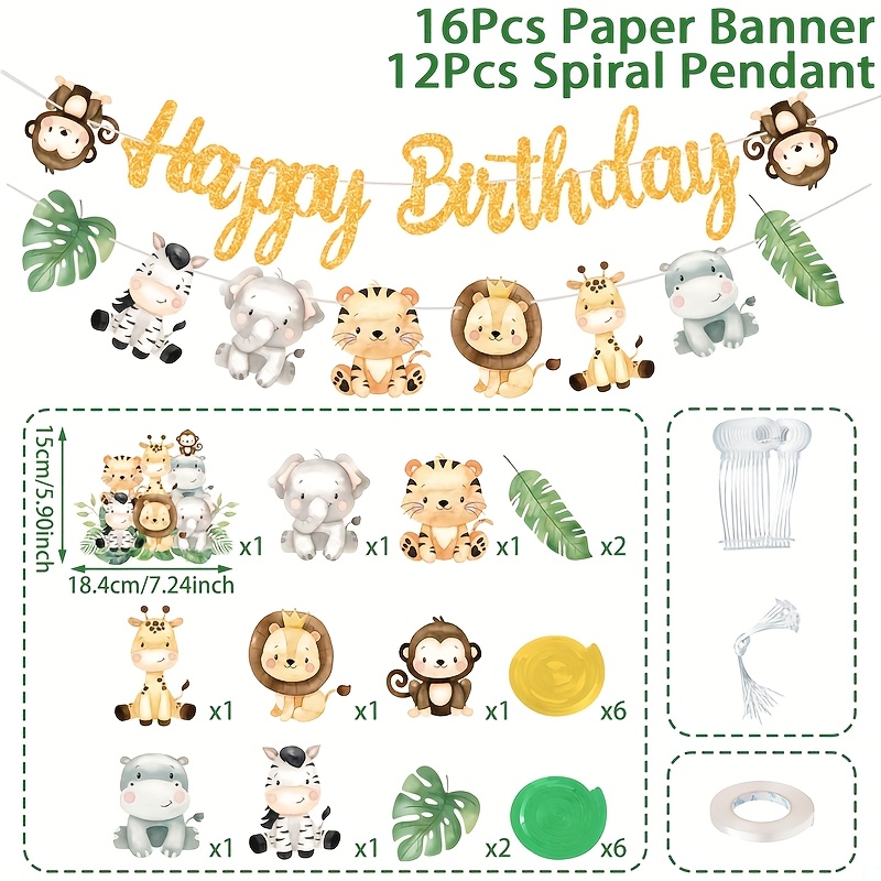 Image of 28pcs/set,jungle Animals Birthday Paper Banner Spiral Pendant Set,happy Birthday Party Background Decoration,wild 1 Birthday Party Hanging Decor, Party Supplies Photography Props,event Party Banners