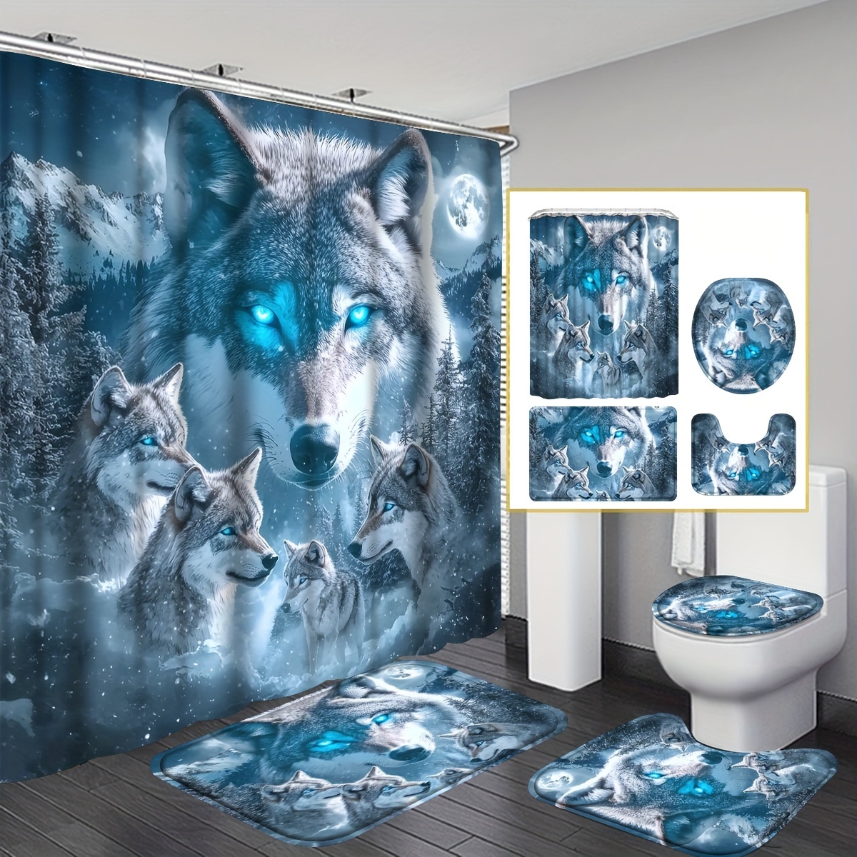 

4pcs Wolf Shower Curtain Set Rugs, Mat, , Shower Curtain 12 , Mountian Wolf Bathroom Decor Set Accessories