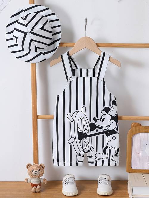 cute summer outfit for baby boy striped design cartoon animal print romper and hat 2pcs set suitable for outdoor wear as a gift