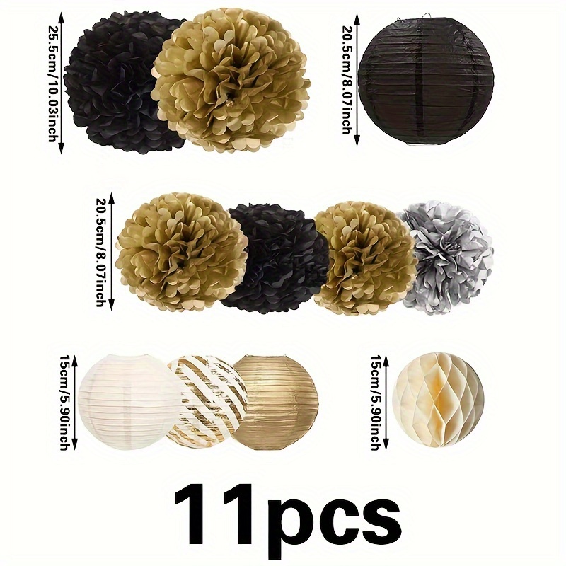 TEMU 11pcs Black Golden Paper Lanterns And Honeycomb Balls Set, Uncharged Party Decorations For Birthday, Wedding, Events - Suitable For Ages 14+