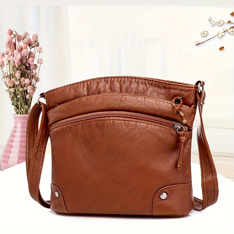 TEMU Chic Women'-inspired Faux Leather Crossbody Bag With Adjustable Strap, Multi-compartment Design For Use