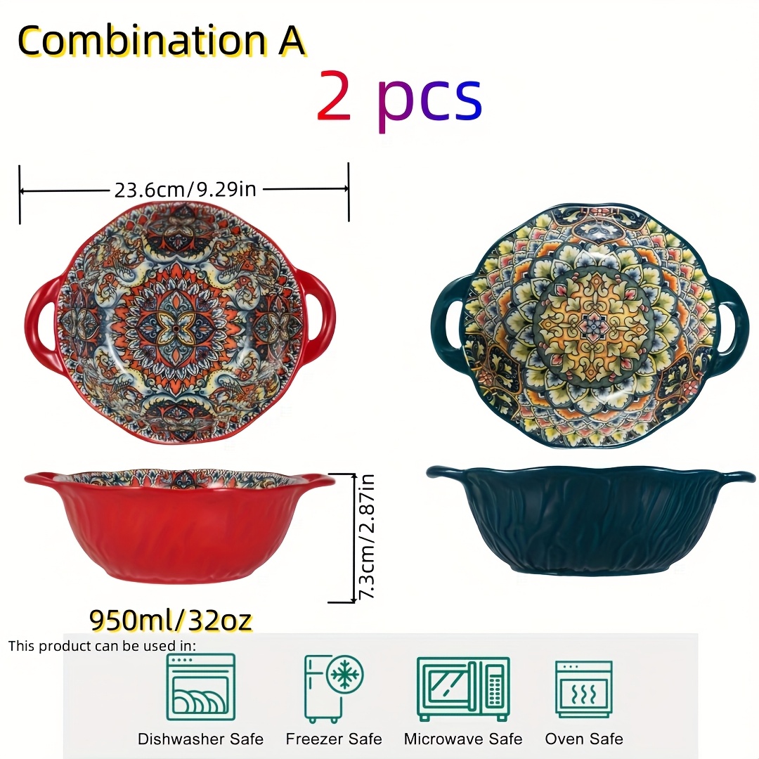2pcs Bohemian Style Double-eared Ceramic Bowls - Suitable For Salads, Pasta, Home And Restaurant Use, Versatile Kitchen Supplies, Perfect For Festivals And Parties