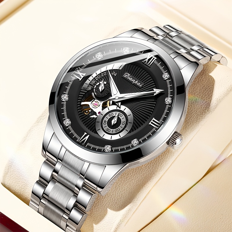 Automatic Mechanical Business Watch For Men With A Round Hollow Dial, Stainless Steel Strap, A Perfect Gift .