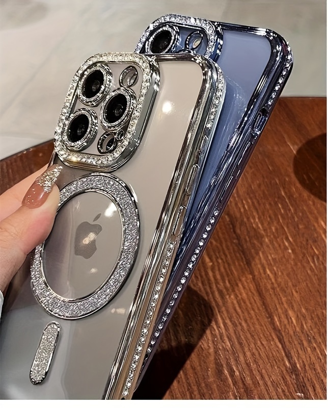 une coque de téléphone magnétique éblouissante en strass, adaptée pour les iphone 16, 15, 14, 13, 12,   pro max, avec une coque souple transparente électroplaquée. détails 1