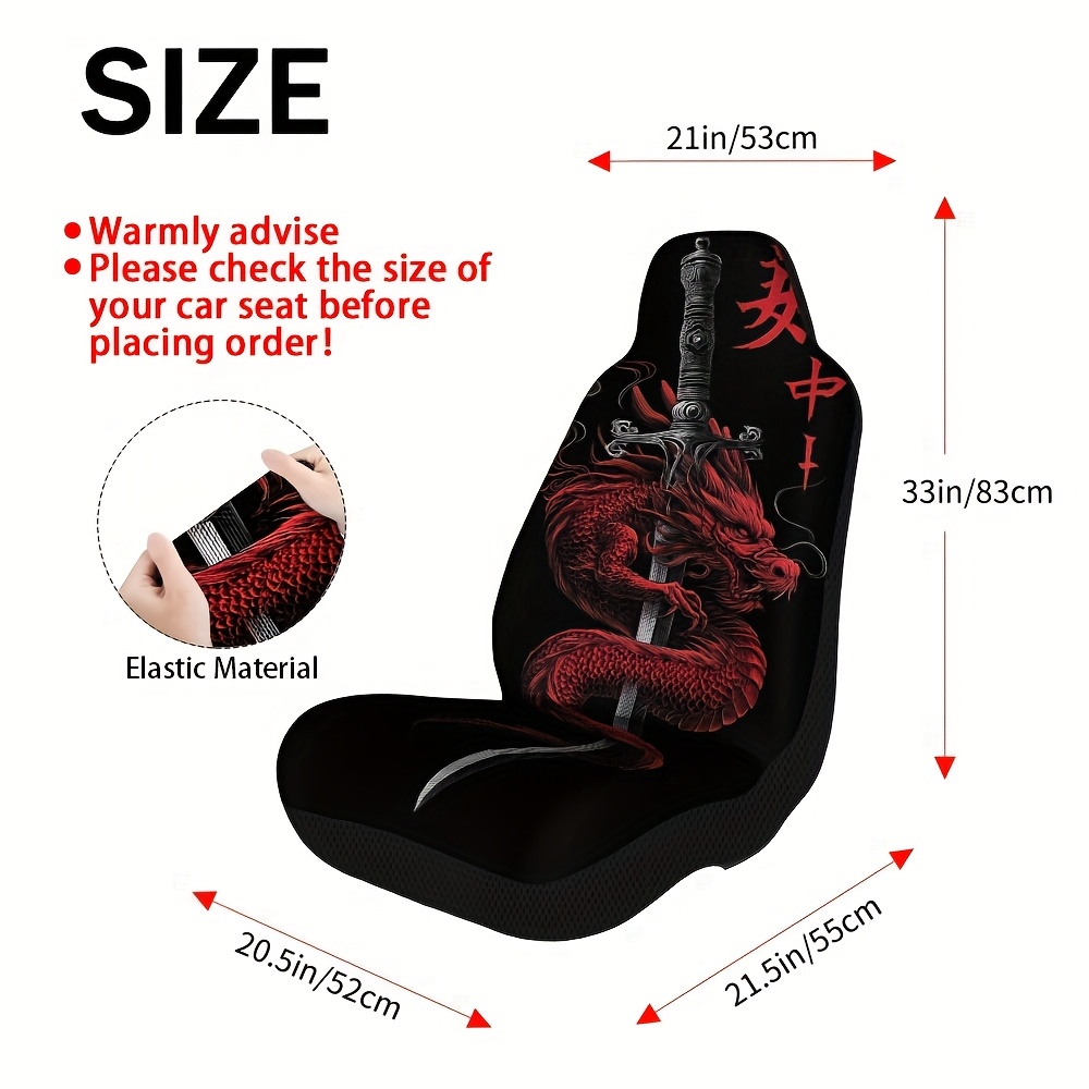TEMU 2pcs Anime Dragon & Sword Art Print Car Seat Covers - Japanese Style & Red Dragon Design, Durable Washable Polyester, Vehicles