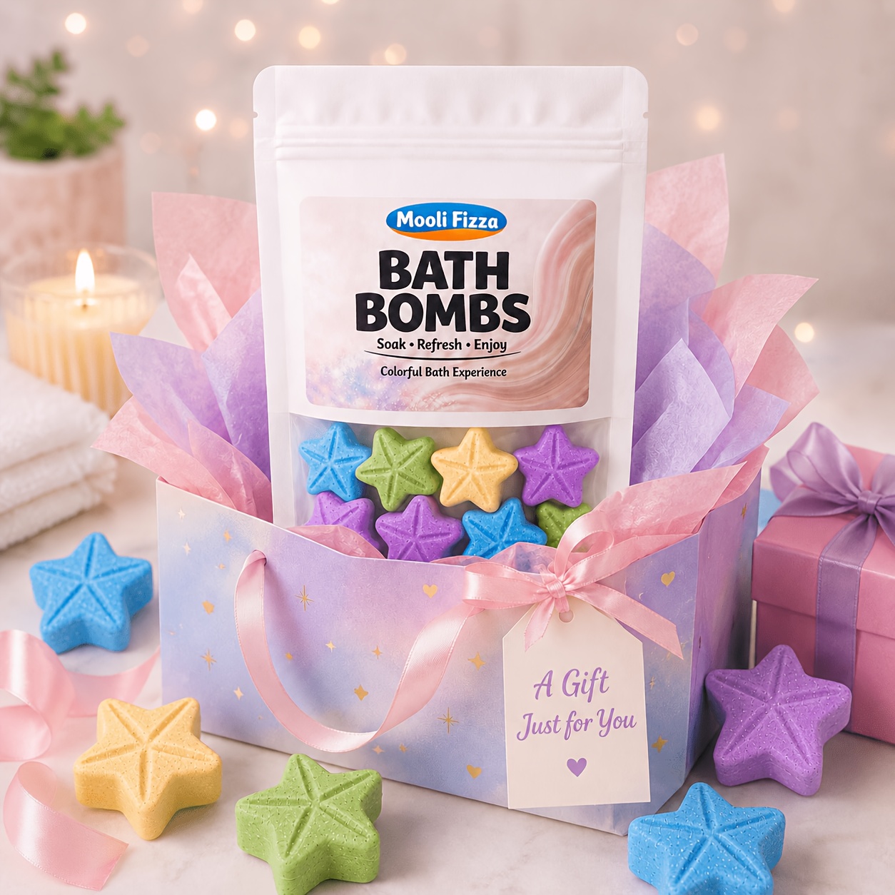 14pcs Star Bath Bombs, Eucalyptus Lemon Lavender Mint Scents