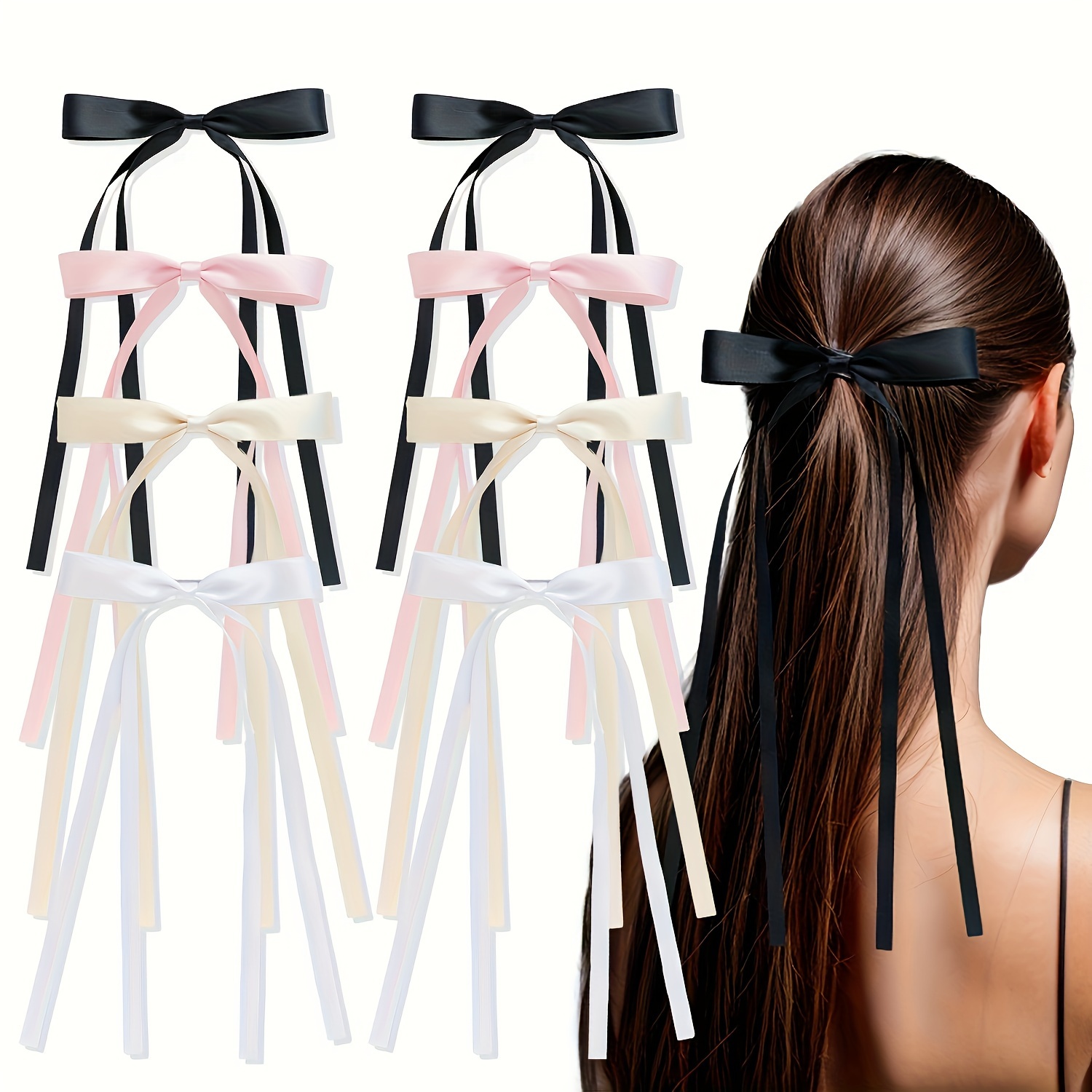 

8pcs Elegant Solid Color Ribbon Bowknot Shaped Hair Clips Trendy Hair Decoration For Women And Daily Use