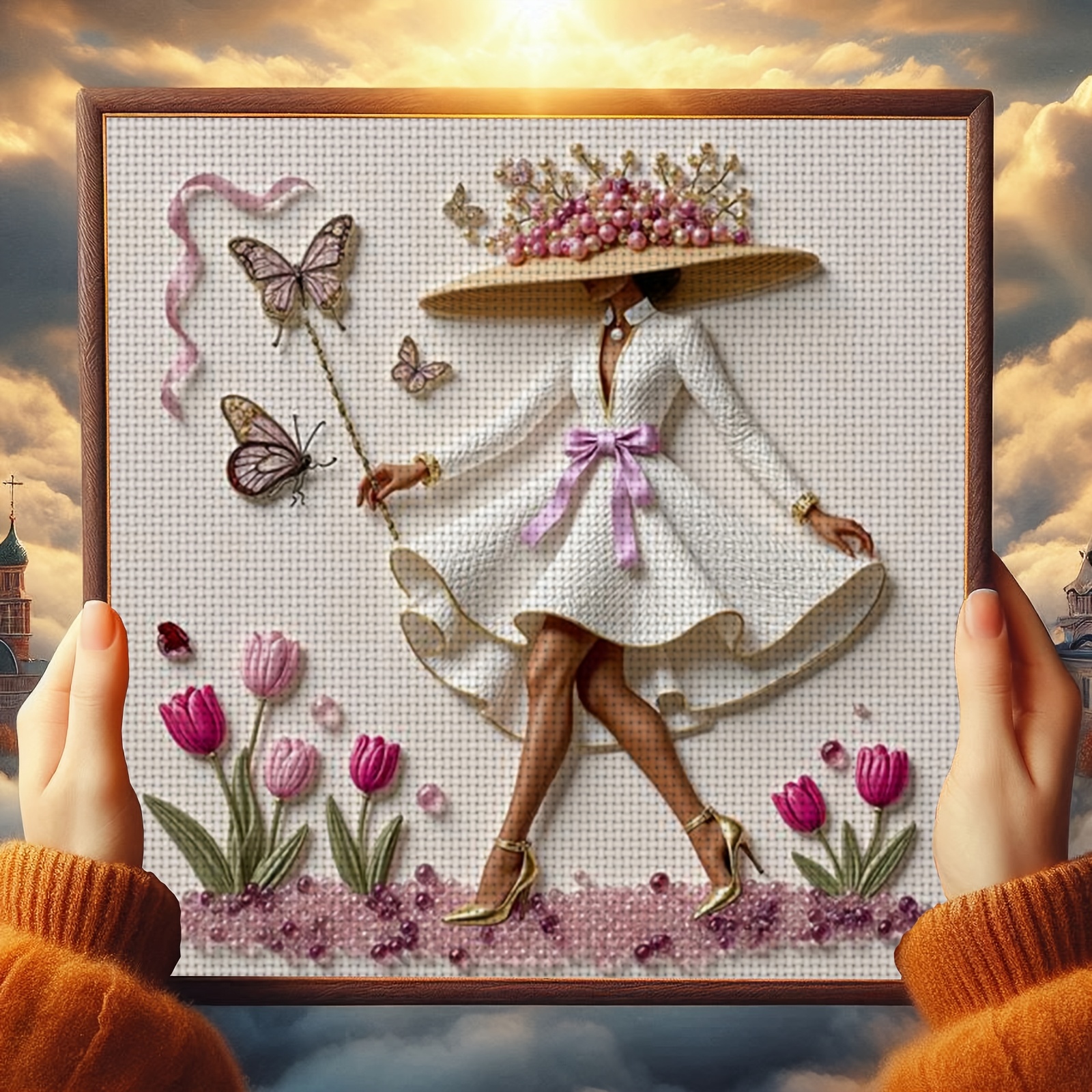 Cross Stitch Printed Kit, Frameless, "White Dress with Pink Flowers" Pattern